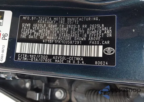 2012 Toyota Camry Le из США, поврежденный, VIN 4T1BF1FK1CU587291